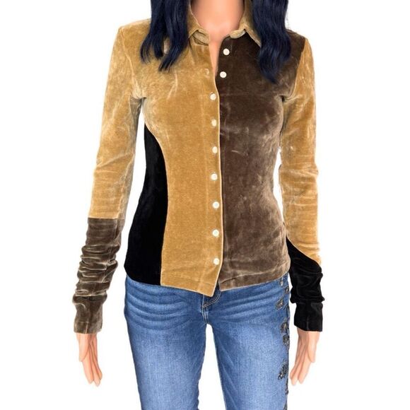TheOpen Product Brown Paneled Velvet Button Up Top - Picture 4 of 9